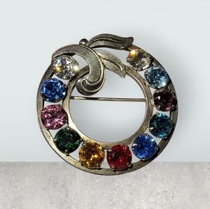 Vintage Van Dell Wreath Brooch – Sterling Silver & Colored Rhinestones